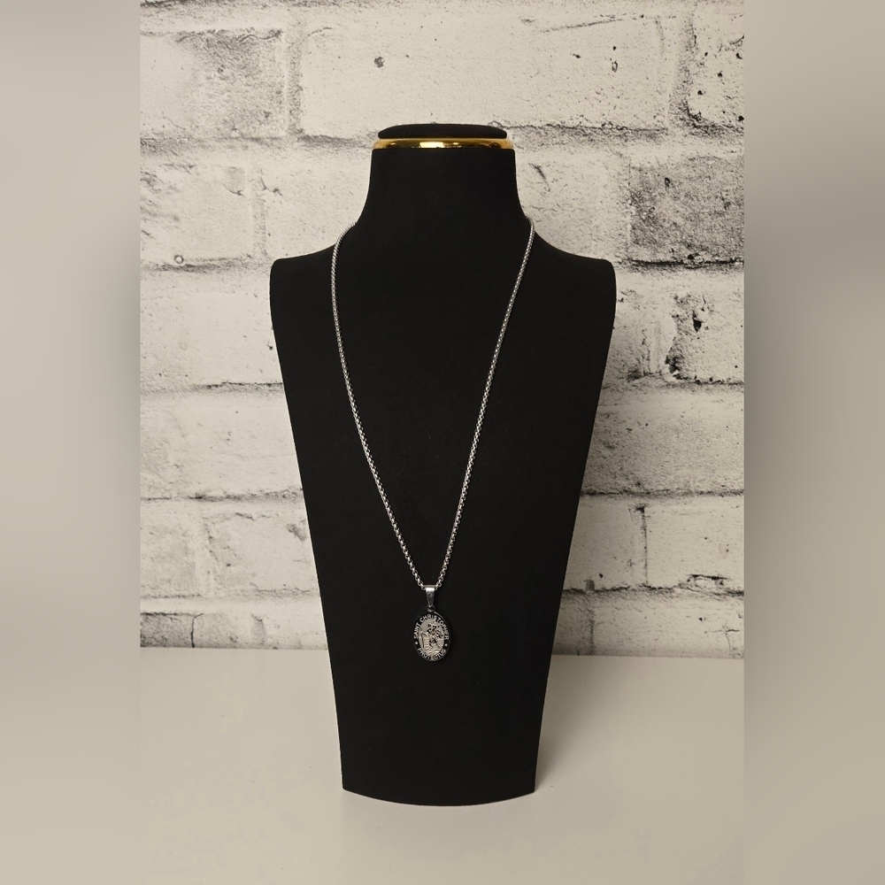 Stainless Steel Saint Christopher Protectus Pendant Necklace Unisex Chain